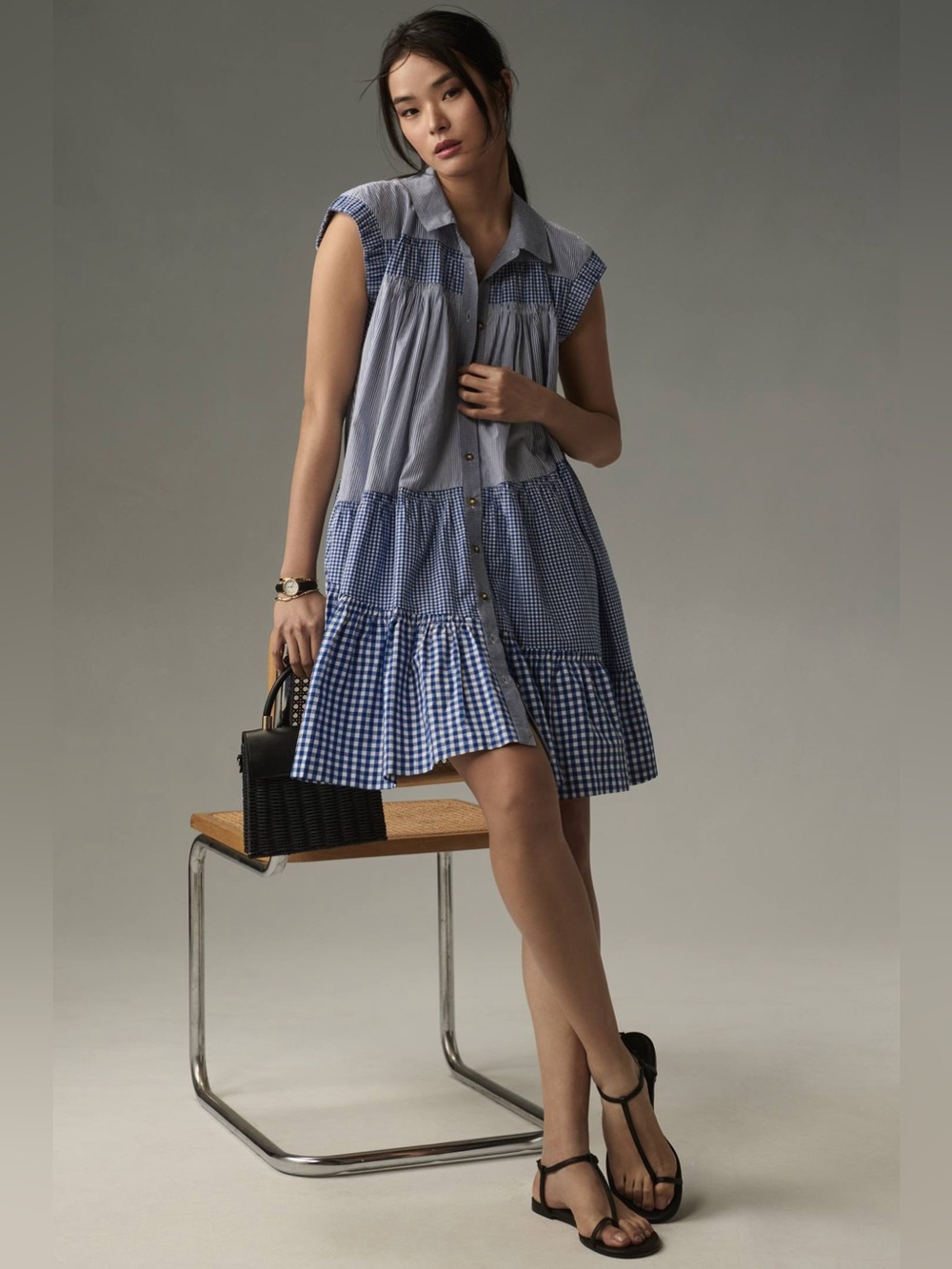 Pilcro Blue and White Gingham & Stripe Sleeveless Tiered Dress
